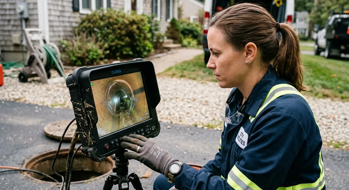 Technician reviewing sewer camera inspection footage in Bloomsburg