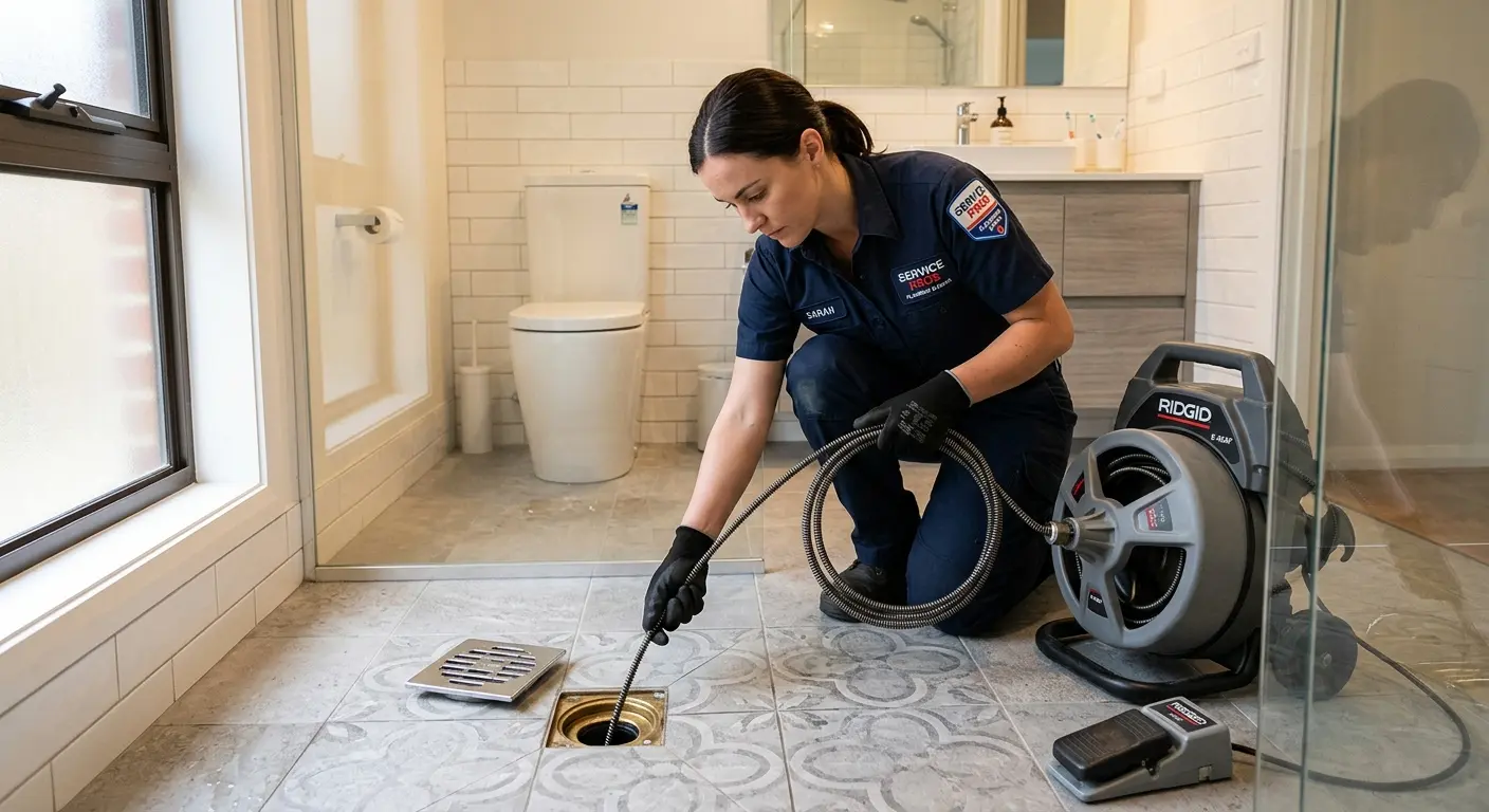 Technician clearing a bathroom floor drain for Sewer Line Installation in Bloomsburg